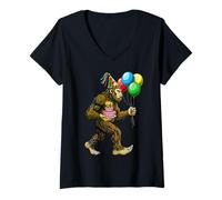 Femme Bigfoot Sasquatch It's My Birthday Party Cake Ballons Chapeau T-Shirt avec Col en V