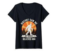 Femme Bigfoot Saw Me But Nobody Believes Him Sasquatch Rétro Drôle T-Shirt avec Col en V