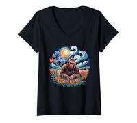 Femme Bigfoot Tshirt Starry Night Sasquatch Van Gogh Gogs Painting T-Shirt avec Col en V