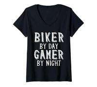 Femme Biker by Day Gamer by Night Moto Rider Bicyclist Bike T-Shirt avec Col en V