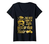 Femme Biker Girl Best Things in Life Mess Up You Hair Moto T-Shirt avec Col en V