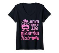 Femme Biker Girl Best Things in Life Mess Up You Hair Moto T-Shirt avec Col en V