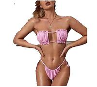 Femme Bikini Set Maillots de Bain 2 Pièces Bra à Volants sans Bretelle Dos Nu et Culotte Tanga Ensembles de Tankinis Sexy Vintage Plage Beachwear Swimwear (Rose, M)