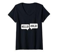 Femme Bilingual Hello Hola Spanish/English Polyglot Multilingual T-Shirt avec Col en V