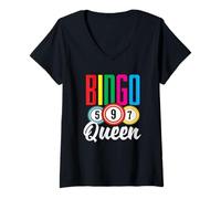 Femme Bingo Queen 597 Jeu de bingo amusant et coloré T-Shirt avec Col en V