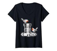 Femme Birdwatcher Photographe Oiseau Caméra Objectif Croquis Nature T-Shirt avec Col en V
