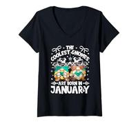Femme Birthday Cow Print Gnomes for Women Who are Born in January T-Shirt avec Col en V