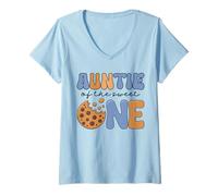 Femme Biscuits au Lait pour 1er Anniversaire Auntie of The Sweet One T-Shirt avec Col en V