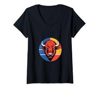 Femme Bison géométrique dans Cercle coloré T-Shirt avec Col en V