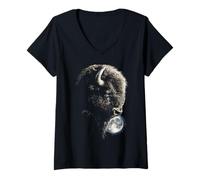Femme Bison Rustique avec Pleine Lune et Clair de Lune T-Shirt avec Col en V
