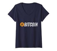 Femme Bitcoin Grunge BTC Logo Blockchain Monnaie Crypto T-Shirt avec Col en V, Bleu Marine, L