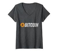 Femme Bitcoin Grunge BTC Logo Blockchain Monnaie Crypto T-Shirt avec Col en V, Chiné Foncé, L