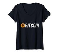 Femme Bitcoin Grunge BTC Logo Blockchain Monnaie Crypto T-Shirt avec Col en V, Noir, L