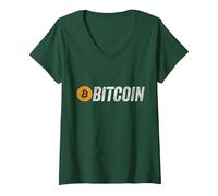 Femme Bitcoin Grunge BTC Logo Blockchain Monnaie Crypto T-Shirt avec Col en V, Vert Forêt, L