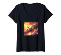 Femme Bitcoin Surfer Vague Océan Plage Sport T-Shirt avec Col en V
