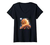 Femme Bitcoin Volcan Feu Lave Montagne Destin T-Shirt avec Col en V