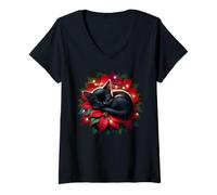 Femme Black Cat for Kitten Mom and Xmas Poinsettia Christmas T-Shirt avec Col en V