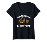 Femme Black Cat Halloween Graphic for Darkest Pumpkin in The Patch T-Shirt avec Col en V