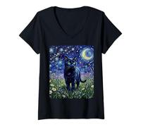 Femme Black Cat Night Glow Stars and Moon Illustration T-Shirt avec Col en V