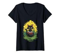 Femme Black Cat Reading Book With Floral Bookworm T-Shirt avec Col en V