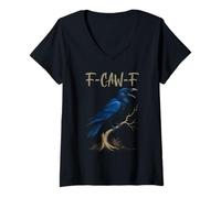 Femme Black Crow F-Caw-F Full Moon Gothic Black Bird Humour Adulte T-Shirt avec Col en V