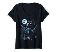 Femme Black Derpy Cat Hurlant Moon Funny 90s Meme T-Shirt avec Col en V