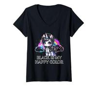 Femme Black is My Happy Color Gothic Girl Dark Goth Occult Unicorn T-Shirt avec Col en V