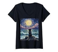 Femme Black Labrador Starry Night Puppy at The Beach Illustration T-Shirt avec Col en V