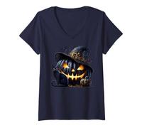 Femme Black Pumpkin Face in Witch Hat with Witchy Halloween Cat T-Shirt avec Col en V