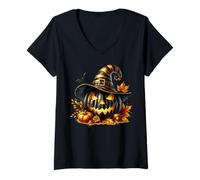 Femme Black Pumpkin Graphic for Women and Girls Halloween Witches T-Shirt avec Col en V