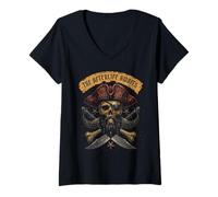Femme Blackbeard Pirate Captain Skull Caribbean Bones and Saber T-Shirt avec Col en V