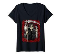 Femme Blackcraft Vintage Death the Grim Reaper Moth Tarot Card T-Shirt avec Col en V