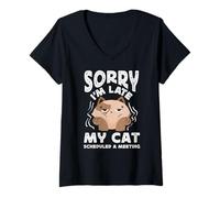 Femme Blague Amusante avec Inscription « Sorry I'm Late My Cat Had to Poop » T-Shirt avec Col en V