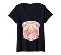 Femme Blague Amusante pour Femme avec Inscription « I Don't Pick Fights I Pick Locks » T-Shirt avec Col en V