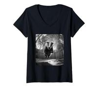 Femme Blaireau Amusant sautant sur Le Trampoline, Motif Animal de la forêt T-Shirt avec Col en V