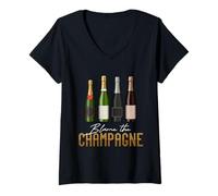 Femme Blame The Champagne Collection de Bouteilles Amusantes Motif célébration T-Shirt avec Col en V