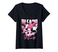 Femme Bleach Pink Cast Photo with Kanji Logo Anime T-Shirt avec Col en V