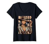 Femme Blessed Black Cowgirl Leopard Western Swag African Christian T-Shirt avec Col en V