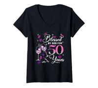 Femme Blessed by God for 50 Years Old Women 50th Birthday Queen T-Shirt avec Col en V