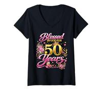 Femme Blessed by God for 50 Years Old Women 50th Birthday Queen T-Shirt avec Col en V