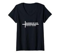 Femme Blessed by God for 60 Years T-Shirt avec Col en V