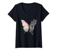 Femme Blessed by God for 63 Years Old Butterfly Art 63e Anniversaire T-Shirt avec Col en V