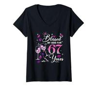 Femme Blessed by God for 67 Years Old Women 67th Birthday Queen T-Shirt avec Col en V
