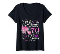 Femme Blessed by God for 70 Years Old Women 70th Birthday Queen T-Shirt avec Col en V