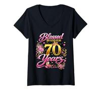 Femme Blessed by God for 70 Years Old Women 70th Birthday Queen T-Shirt avec Col en V