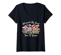 Femme Blessed by God for 73 Years Old Wild Flower 73e Anniversaire T-Shirt avec Col en V