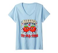 Femme Blessed from My Head to-ma-Toes Verse de la Bible chrétienne Tomate T-Shirt avec Col en V