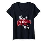 Femme Blessed G-Mom Ours Rouge Buffalo Check Plaid Fun Grandma Cadeau T-Shirt avec Col en V
