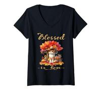 Femme Blessed is Best Fall & Autumn Harvest Adorable Chat Vintage T-Shirt avec Col en V