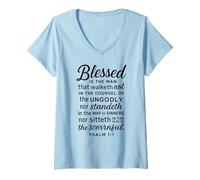 Femme Blessed is The Man Psaume 1:1 Verse biblique Écriture prière T-Shirt avec Col en V